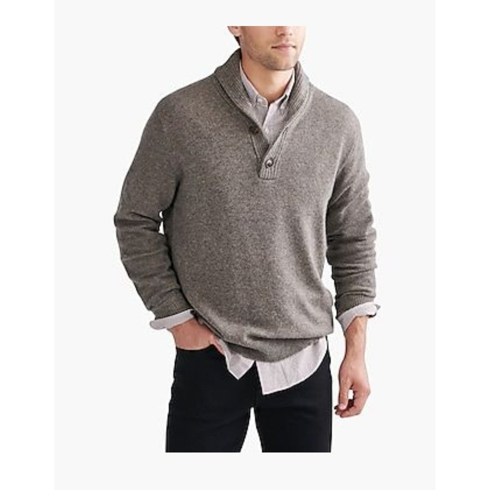 J Crew Mens‎ Shawl Collar Sweater 100% Lambs Wool Button Neck Gray Size M
